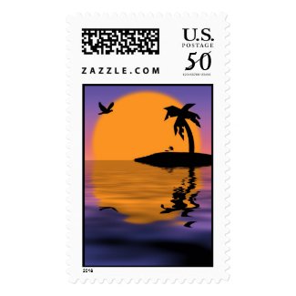 Tropical Island Sunset Postage Stamp stamp