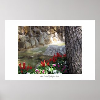 Red Flowers by a Stream Poster or Print